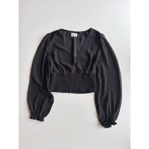 Aritzia WILFRED Wistful Black Chiffon Smocked Puff Sleeve V-Neck Blouse, Size S - Picture 5 of 15